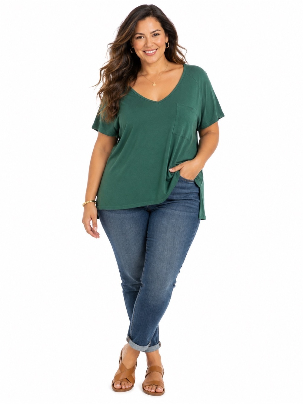 Women’s Size 2X Forest Green V-Neck Pocket T-Shirt | Relaxed Casual Tee
